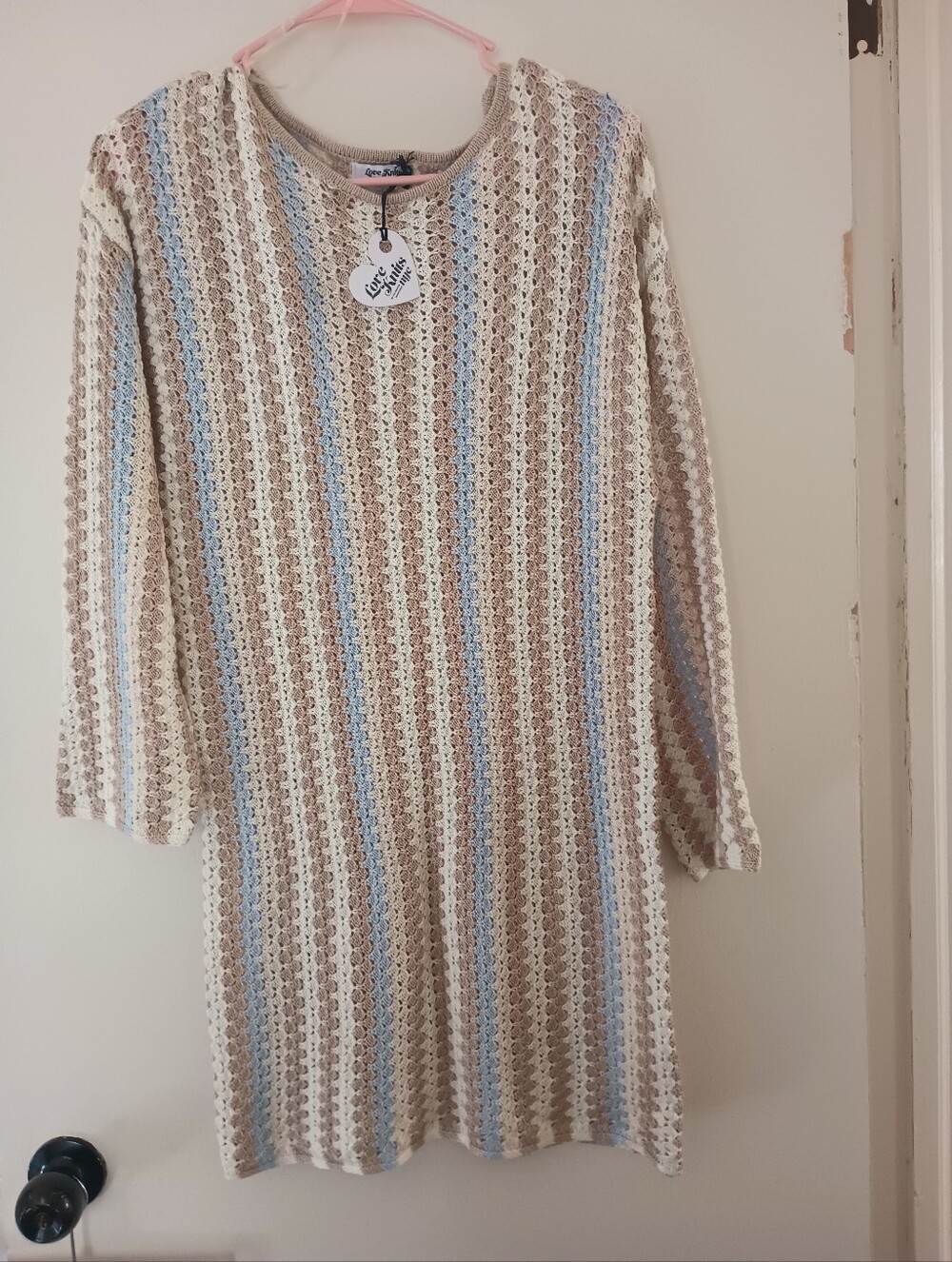 Love Knits NYC Crochet Knit Striped Mini Dress Cream Blue Tan Long Sleeve